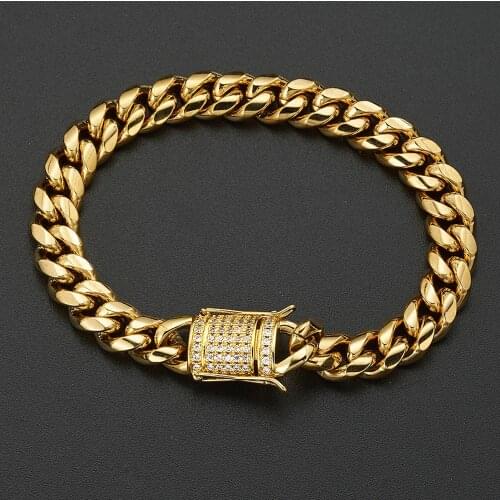 Hip Hop Bling Iced Out Mens Rapper Bracelet Rhinestone Pave Gold Color Miami Cuban Link Chain Bracelets for Men Jewelry
