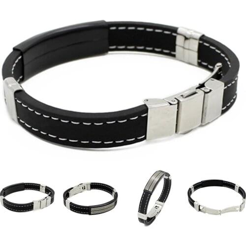 2018 Trendy Black Silver Stainless Steel Cuff Rubber Wristband Men Boys Cool Bangle