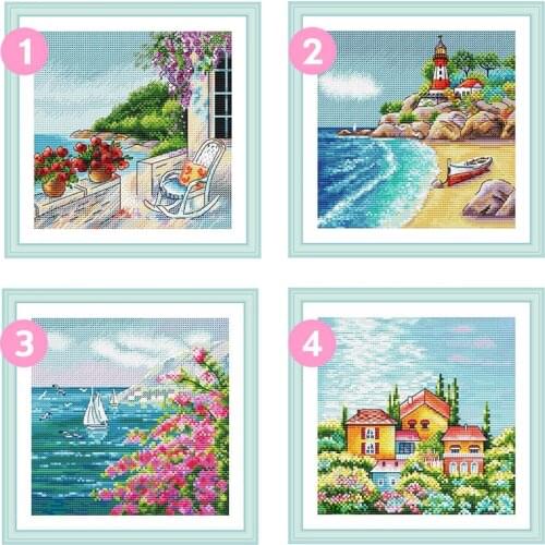Cross Stitch Kit Precision Printing C1526 Sea View Four Blue Sea Fishxx Home Handmade Paintings
