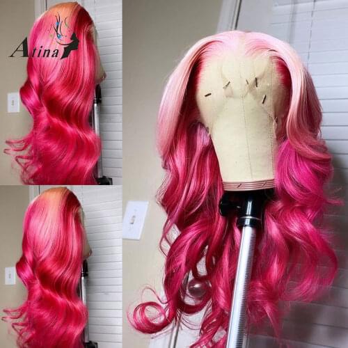 Ombre Highlight Pink Colored 360 Lace Frontal Human Hair Wig Pre Plucked With Baby Hair Yellow HD Transparent Wig Full Remy