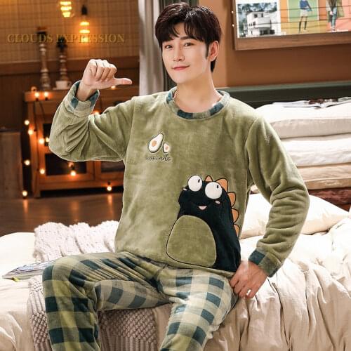 Autumn Winter Long Sleeve Warm Flannel Mens Cartoon Pajama Sets Thick Men Sleepwear Coral Fleece Sleep Lounge Pajamas Clothing