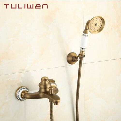 Totally Brass Shower Faucet Wall Mount Bathroom Bath Bathtub Faucet Mixer Taps With Handheld Shower Head Antique Brass Finish
