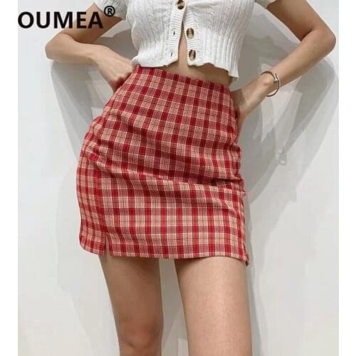 OUMEA Casual Summer Vintage Plaid Skirt Female College Girls Skirt High Waist Skirt Lined Inside Pant Going Out Beach Skirt