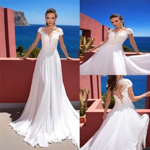 Sheer Scoop Neck Short Sleeves Chiffon A-Line Wedding Dresses Bridal Gowns Customized Fashion Wedding Wear Cheap Simple