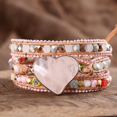 Pink Link Chain Rose Faceted Stones Heart Girls Love Bracelets Handmade Statement Leather Bangles
