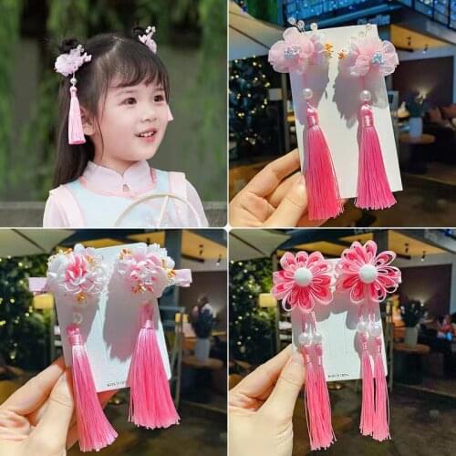 Pink childrens antique hair ornaments tassels streamers hairpins Hanfu headdress costumes Chinese style flowers