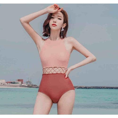 Sexy one-piece swimsuit female Korean new hit color hollow hollow waist bikini cover belly was thin hot spring swimsuit