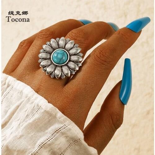 Tocona Charms Ancient Silver Color Sunflower Joint Ring for Women Blue Rhinestone Geometric Party Jewelry Accessories 18504