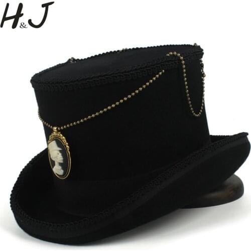 100% Wool Black Women Men Steampunk Top Hat For magic shower Handmade Steam Punk Gear Fedora Cosplay Hat Top 15CM
