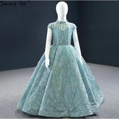 Serene Hill Clear Water Blue Sparkle Flower Girl Dresses Cap Sleeves Flower Girls Dresses For Party And Wedding 2021 HTA0051