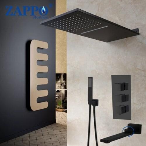 ZAPPO Matte Black Thermostatic Mixer Bath Shower FaucetsTap 3& 4 ways Shower Faucet Wall Mounted Rain Waterfall Shower Set