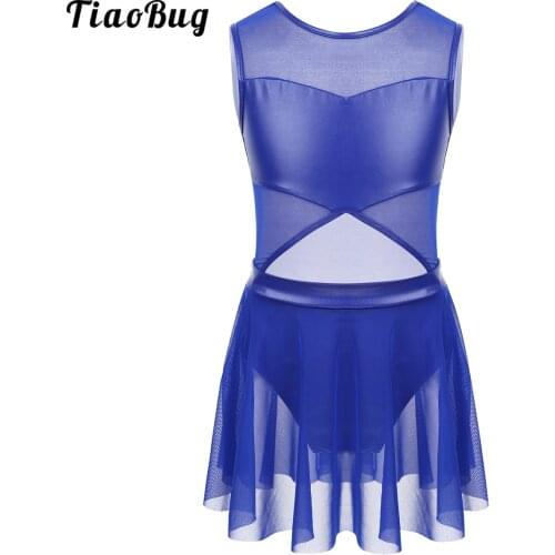TiaoBug Kids Teens Mesh Back Faux Leather Tulle Splice Ballet Gymnastics Leotard Dress Girls Figure Skating Costume Dance Wear