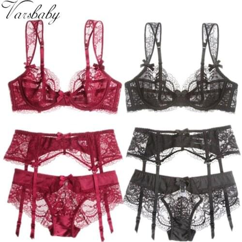 Varsbaby Sexy Unlined Lingerie for Women Bra + Panties + Garters 2 bra sets/lot