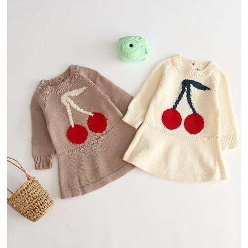 2019 New Autumn Baby Girl Cute Dresses Cherry Pattern Knitted Sweater Dress For Toddler Kids Infant Warm Princess Dress