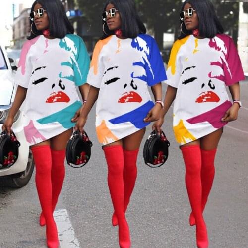 Summer Fashion Womens T-shirt Short Dress Face Lip Print Casual Loose Office Lady A-line Short Sleeve Ladies Plus Size Dresses