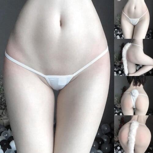 Women Sexy Thong Panties Cute Fluffy Faux Animal Rabbit Tail T-Back Bikini G-String Anime Cosplay Underwear Lingerie