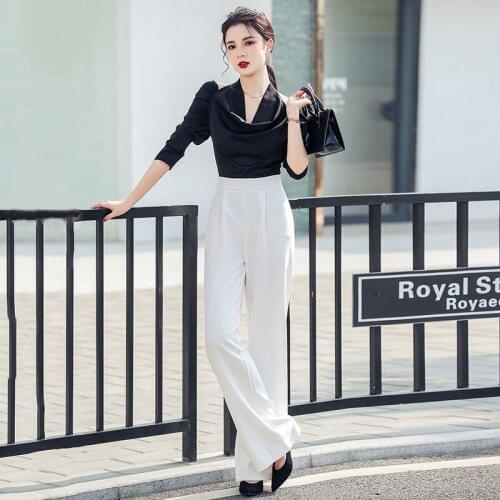 Office Lady White Suit Wide Leg Pants High Waist Loose Elegant Blazer Trousers Long Sleeve Black T-shirt Simple 2021 Spring 9255