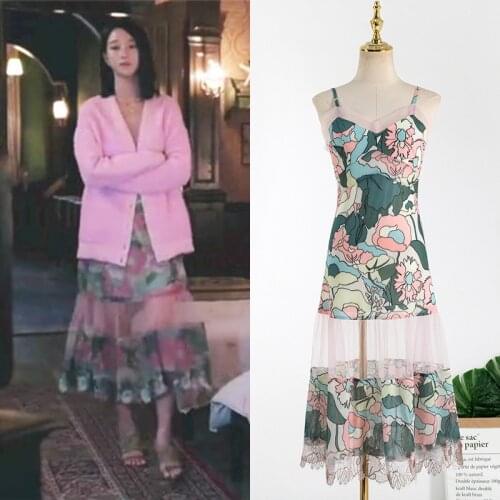 Kpop Seo Yea Ji same sexy Deep V-neck sleeveless camisole Floral dress women summer street party fashion splice backless dresses