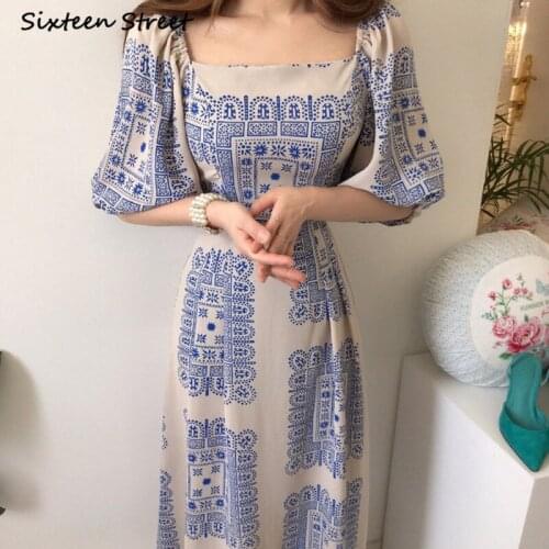 Maxi Dresses for Women Chic Summer Print Square Collar Slim High Waist Lantern Sleeve Korean Fashion Clothing Y2k Aesthetic 2021