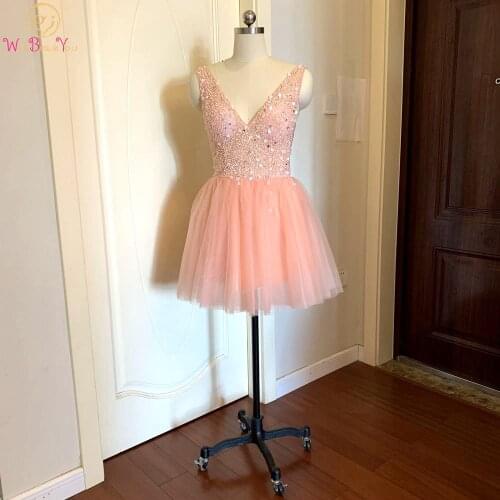 2020 Blush Pink Prom Dress Short Beading Crystal V Neck Sleeveless Tulle A Line Evening Gown Formal Party Graduation Real Photo