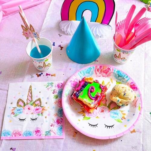 Kids Birthday Tableware Suit Unicorn Party Decoration Supplies Paper Banner Plate Cup Baby Shower Supplies Unicorn Boy Girls