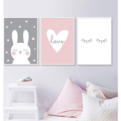 Baby Nursery Wall Art Canvas Poster Print Cartoon Rabbit Pink Hear Nordic Kid Decoration Picture Painting Child Room Decor
