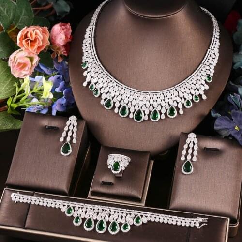 Janekelly Luxury cubic zirconia necklace bracelet earrings and ring 4pcs dubai full jewelry set for women,bridal dress dinner