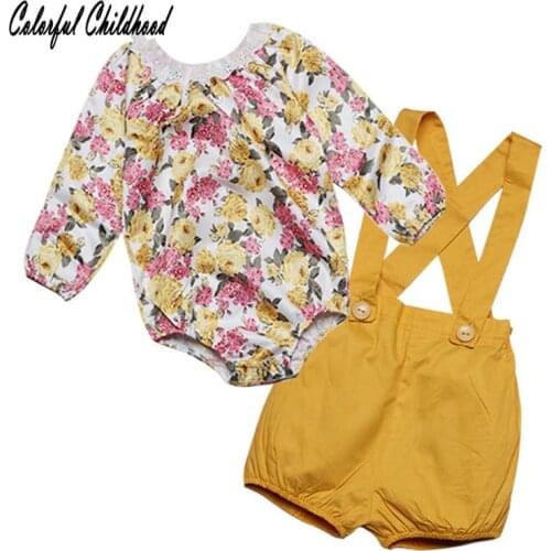 BABY Girls floral romper long sleeve 2pcs tops+pants lace collar bib pants cross sling Infant/toddlers jumpsuit onesies 0-24M