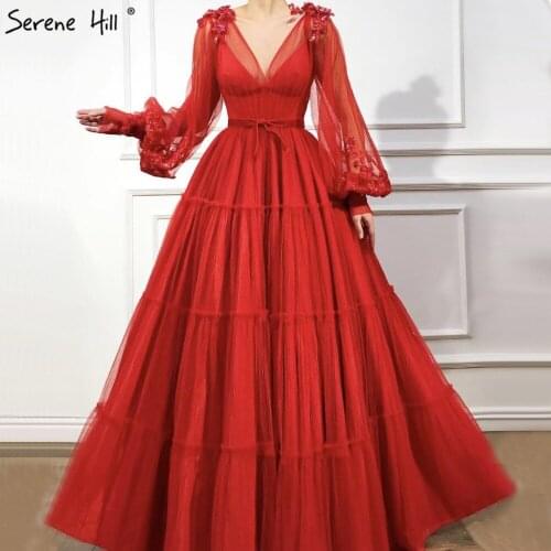 Red Lantern Long Sleeves Sexy Prom Dresses 2020 V-Neck Sequined A-Line Long Prom Gowns Serene Hill BLA70008