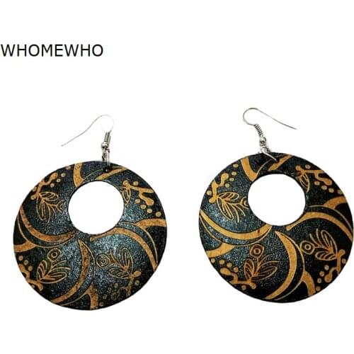 Black Wood Round Africa Handmade Engraved Flower DIY Tribal Earring Wooden Vintage Ethnic Accessories Ear African Boho Jewelry