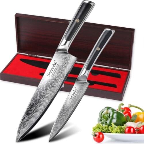 SUNNECKO 2PCS Kitchen Knives Set Chef Knife Japanese Damascus VG10 Steel Sharp G10 Handle Cutter Tools Meat Gift Box Knife Set
