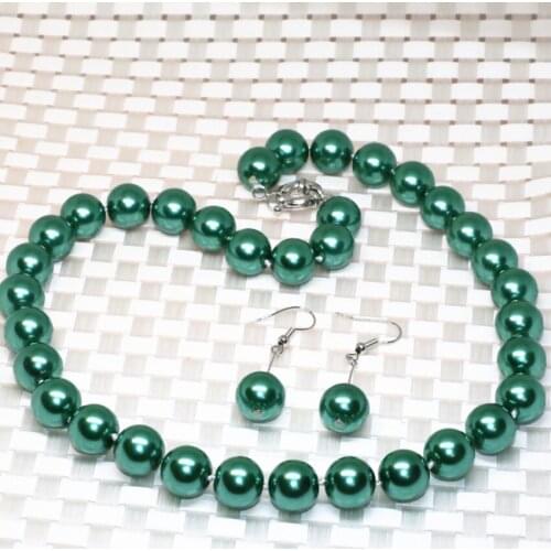 New arrival special design peacock green simulated-pearl shell necklace earrings 12mm round beads jewelry sets 18inch B2322