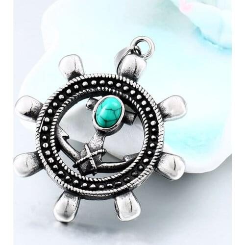 Natural Oval Green stone Necklace pendant Ocean Style Anchor Pendant 316L Stainless Steel stone pendant
