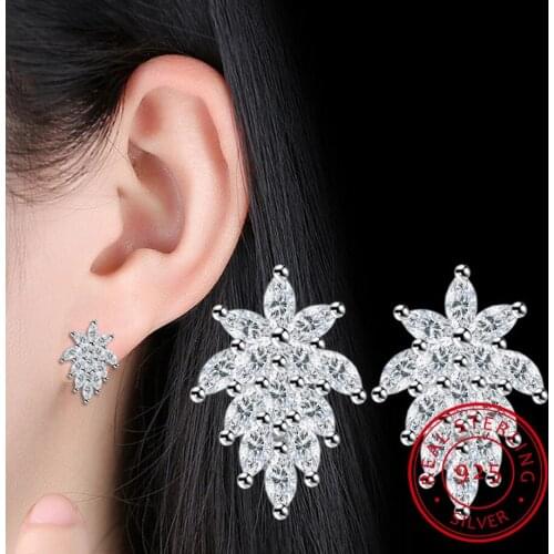 Classic Leaf Shape Bright Cubic Zirconia Stud Earrings For Women 925 Sterling Silver Big Stud Earings Jewelry Gift brinco AE661