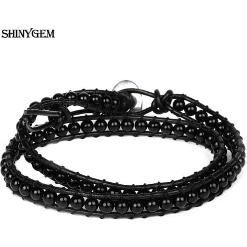 ShinyGem Fashion Rhinestone Bracelets 4mm Agates Crystal Natural Stone Double Loop Bracelets Handmade Leather Wrap Men Bracelets