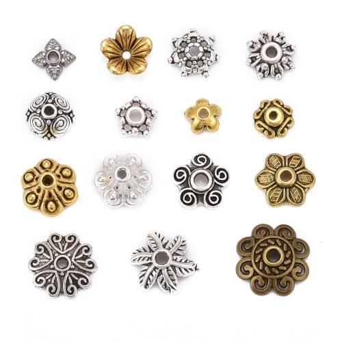 Tibetan Style Bead Caps, Mixed Shape, Mixed Color, about 8~20mm in diameter, 3~8mm thick, hole: 0.5~2mm