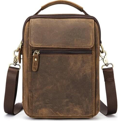 Crazy Horse Leather Male Casual Travel Shoulder Messenger bag Fashion Cross-body Bag 8" Pad Tote Mochila Satchel bag 9807