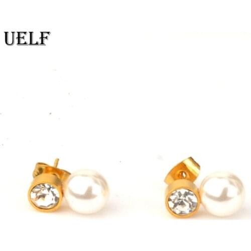 Uelf New Trendy Cubic Zirconia Stud Earrings With Pearl Fine Jewelry Gold Earrings For Women Exquisite Stainless Jewelry Gift