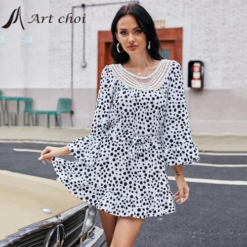 Spring Slim Mini Ruffles Dress Polka Dots Skirt Women Beach Sweet Vestido Long Sleeve Boho Party Belt Bodycon Dresses