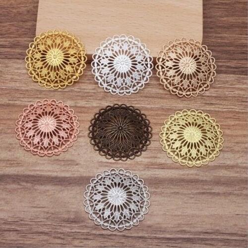 10pcs/lot Vintage Sheet Filigree Flower Pendant Charms 36mm Round Copper Retro Flowers Motif Pendant for DIY Jewelry Making