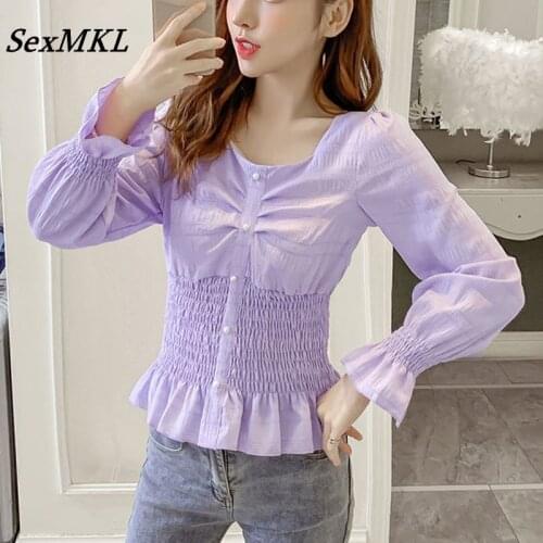 Vintage Puff Sleeve Purple Tops Women 2021 Fashion Long Sleeve Chiffon Corset Top Blouse Autumn Winter Slim French Blusa Mujer