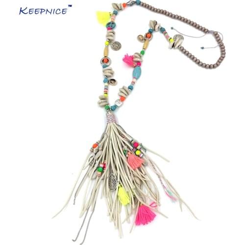 New handmade jewelry supplier beaded chain leather tassel pendents unique boho chic Bohemia long fringe pendant Necklaces