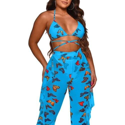 Rarjuiey Female Two-Piece Swimsuits Butterfly Tie-Dye Print Bikini Lace up Crop Top+ Mesh Sheer High Waist Trousers Beach Wear