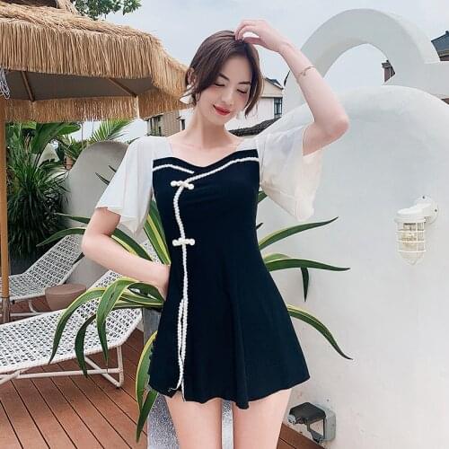 2021 New Short Sleeve One Piece Swimsuit Women Solid Swimwear Monokini Push Up Swim Suit Korea Skirt High Cut Bathing Suit