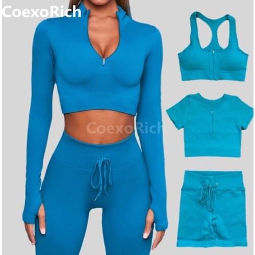 2022 Casual Sportswear Women Gym Clothing Seamless Zipper Crop Top Yoga Shirt Sport Bra Workout Shorts Leggings for Fitness