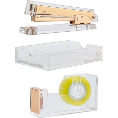 3pcs/setClear Memo Pad Note Holder+ Clear Gold Toned Acrylic Tape Dispenser +Acrylic Stapler desk kit
