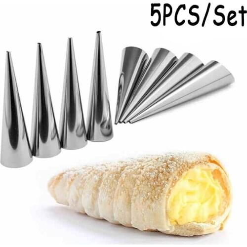 5pcs Large Conical Tube Cone Roll Moulds Stainless Steel Spiral Croissants Molds Pastry Cream Horn Cake Bread Mold