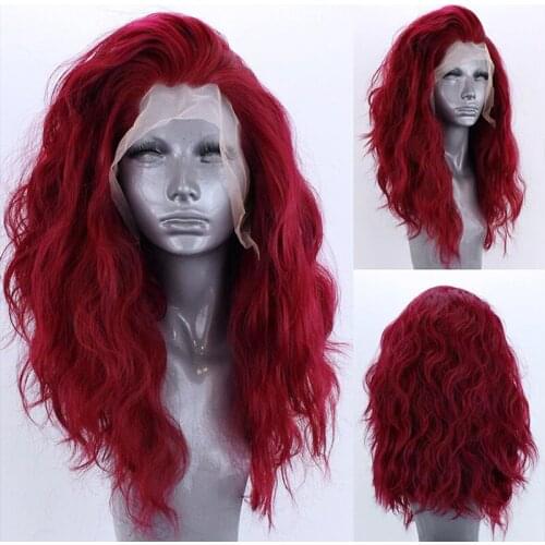 Long Wavy Wine Red Lace Front Wigs Natural Hairline Heat Resistant Fiber Side Part Half Hand Tied Glueless Wig Daily Use