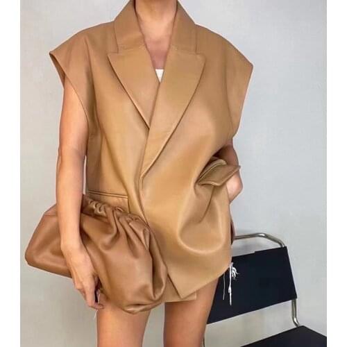 Gl21201 Oversized Genuine Sheep Leather Sleeveless Vest for Women