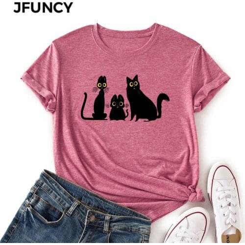 JFUNCY Plus Size Short Sleeve Tshirt Women Cotton Tees Funny Cartoon Cat Print T-shirt Summer Lady Tops Female T Shirt